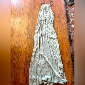 Floor length, halter top, sage green dress